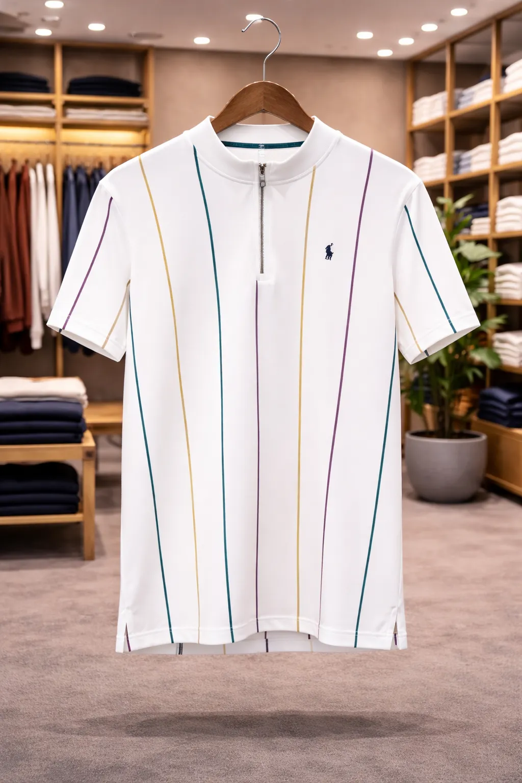 Men's White Striped Quarter-Zip Polo